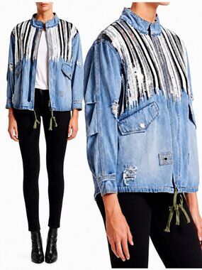 💥VTG 70s HIPPIE STYLE💥 Distressed Sequinned Denim Anorak Jacket
